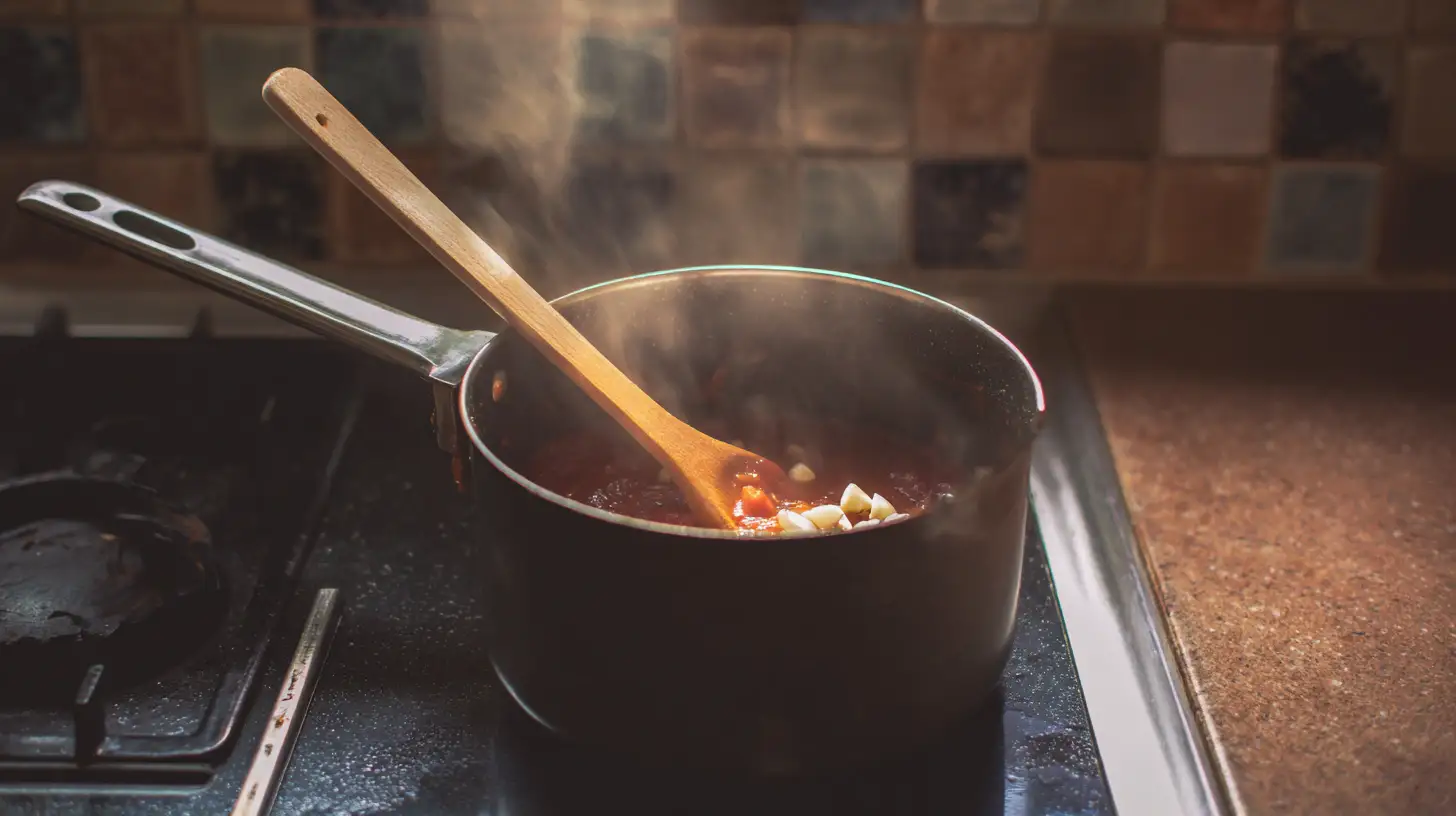 make-sauce-homemade-school-pizza Simmering homemade pizza sauce with garlic and herbs