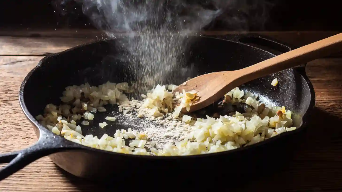 making-pork-chop-gravy-onions-garlic cooking onions and garlic in skillet to start pork gravy