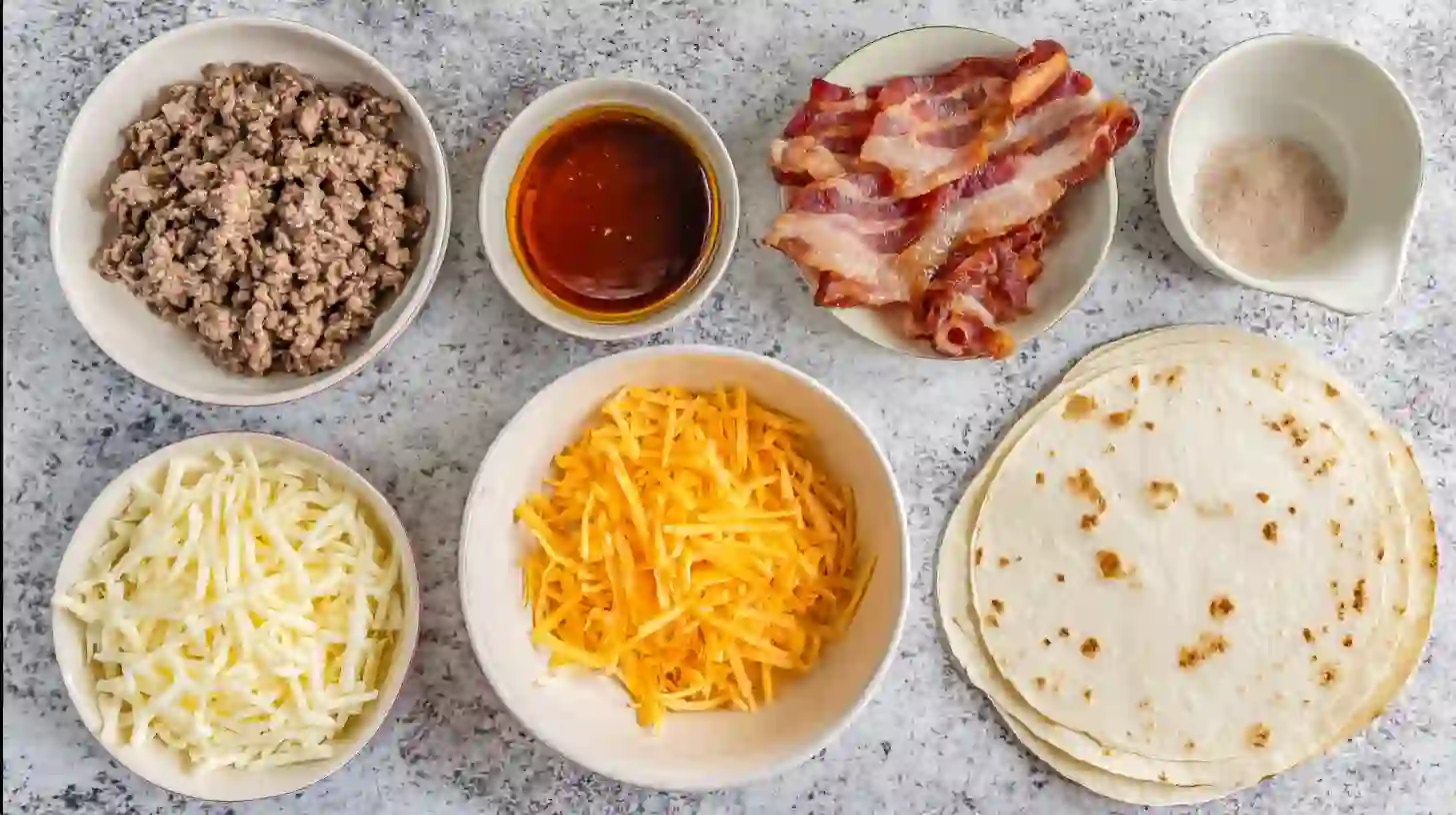 maple-bacon-cheeseburger-quesadillas-ingredients Ingredients for maple bacon cheeseburger quesadillas.quick kid-friendly dinners