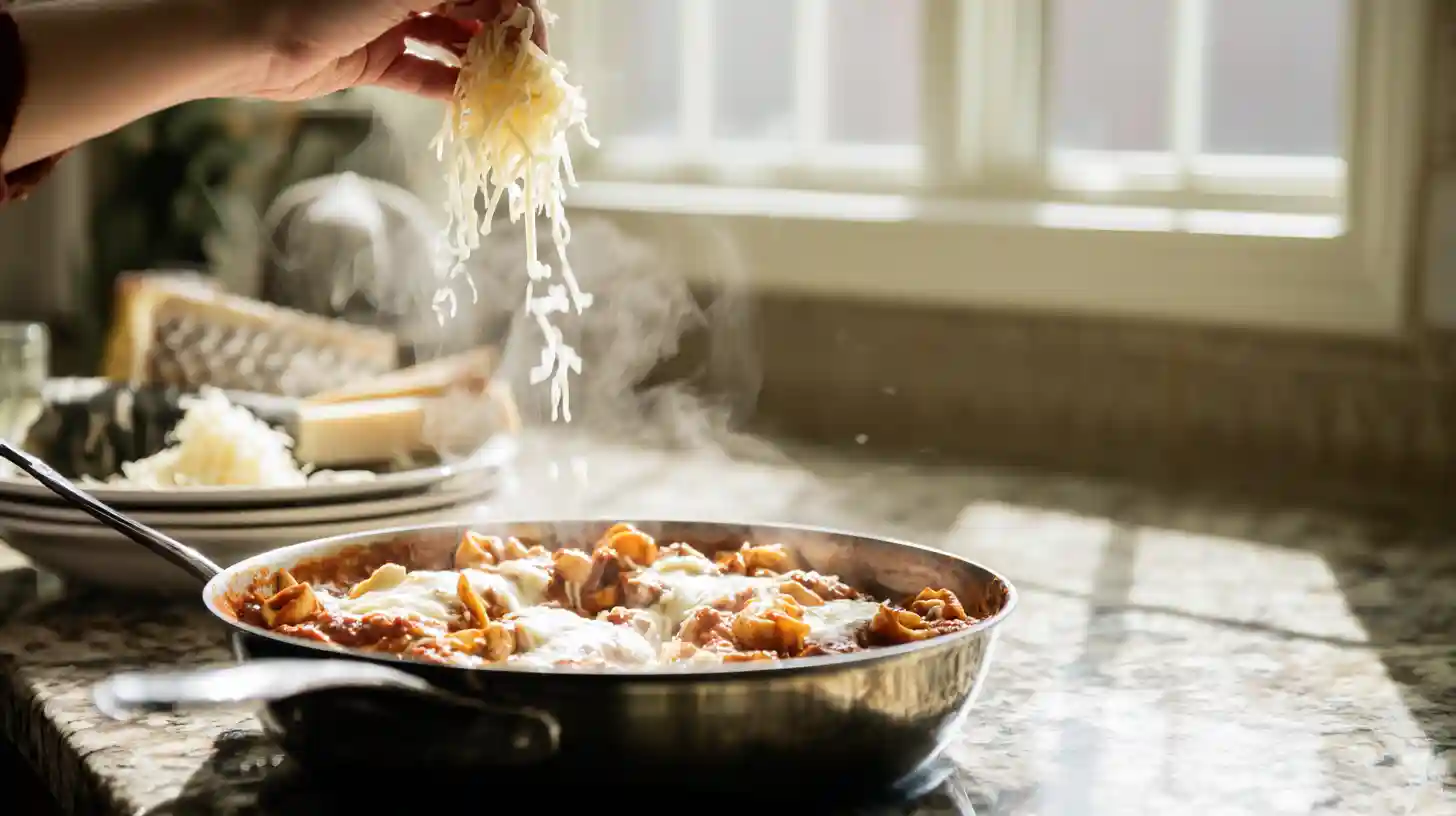 melt-cheddar-jack-cheesy-enchilada-tortellini adding shredded cheddar-jack cheese to one-pot enchilada beef tortellini