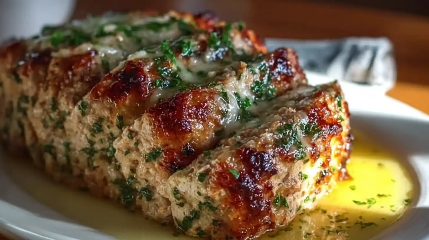 melt-in-your-mouth-garlic-parmesan-chicken-meatloaf-Serving Sliced garlic chicken meatloaf served hot – easy baked chicken dinner ideas