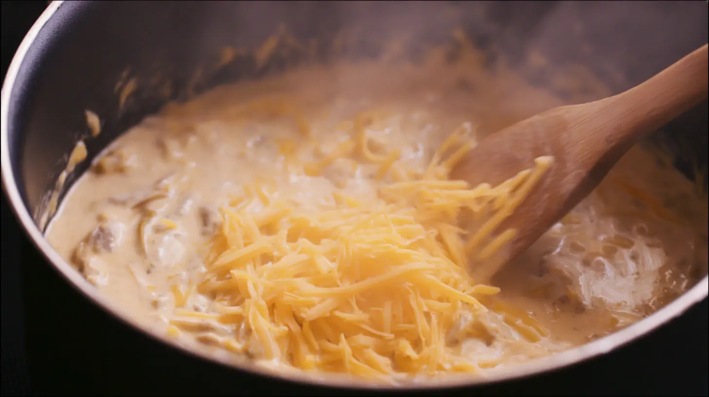 melting-cheddar-into-cajun-pasta Cheddar cheese melting into creamy Cajun pasta sauce