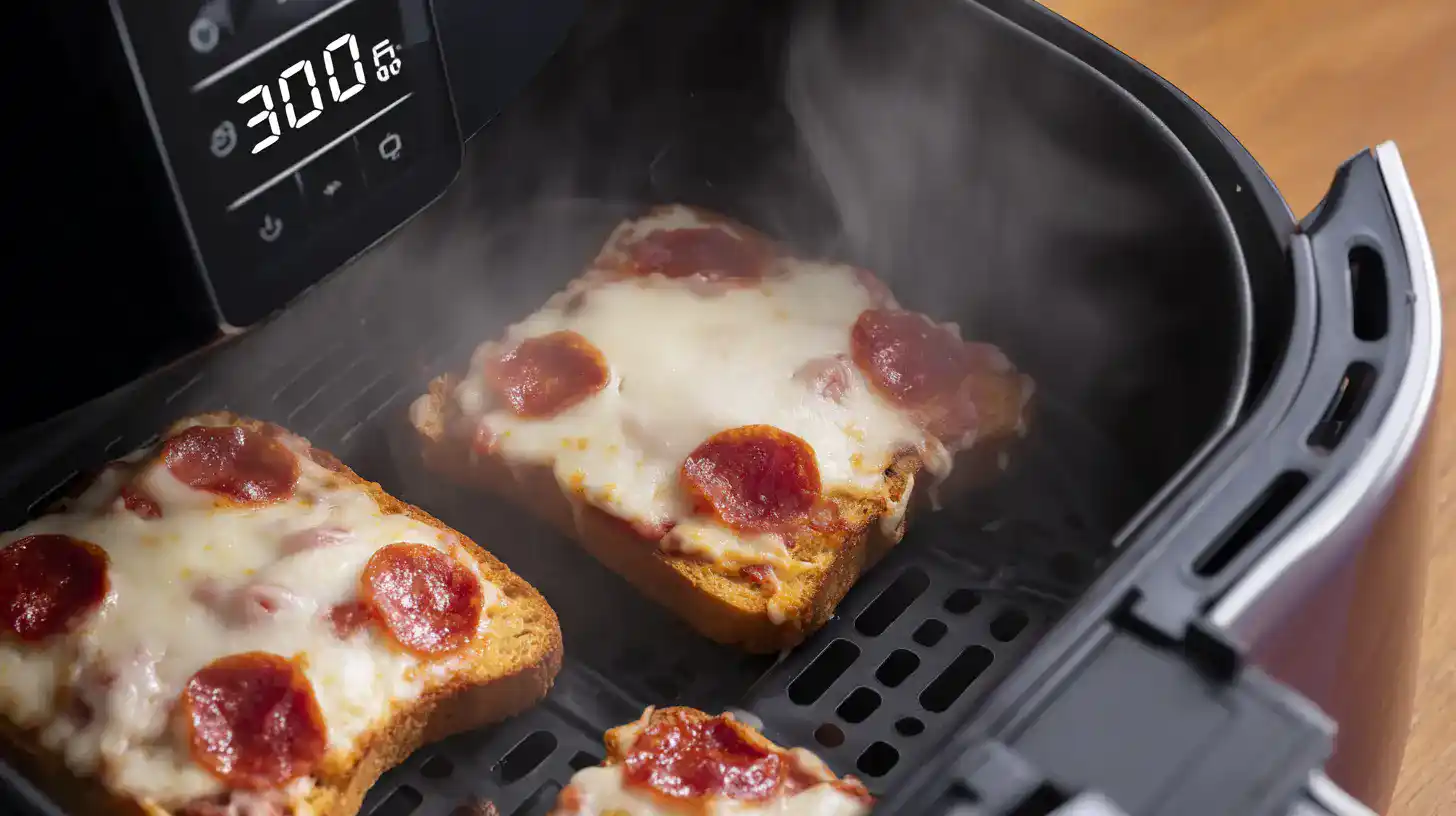 melting-cheese-air-fryer-toast-pizza Cheese melting on Texas toast pizza in air fryer at 300°F