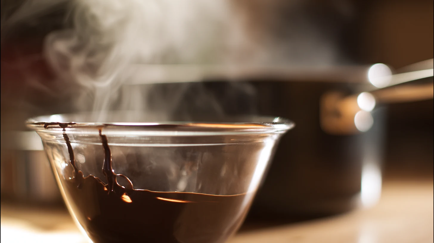 melting-dark-chocolate-double-boiler Melting dark chocolate in a double boiler glass bowl