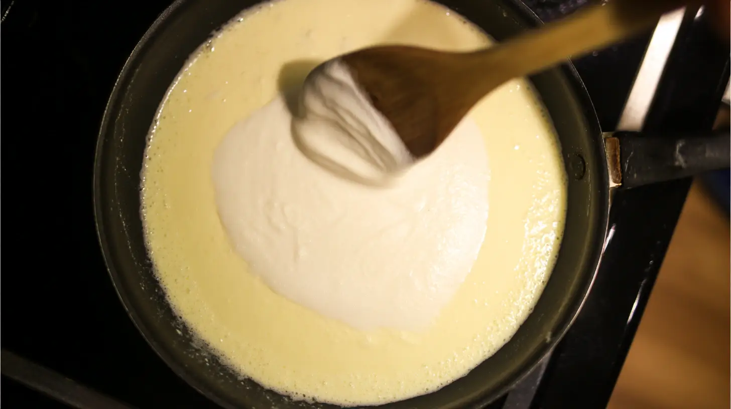 melting-velveeta-parmesan-cheese-pasta-sauce Melting Velveeta and Parmesan for creamy cheese sauce in quick weeknight pasta meals