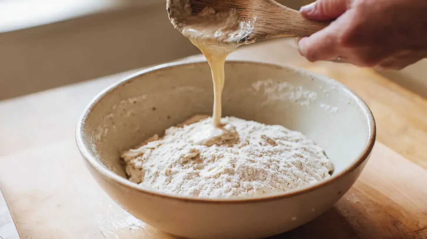 mix-batter-dill-pickle-bread Mixing dill pickle bread batter by combining wet and dry ingredients