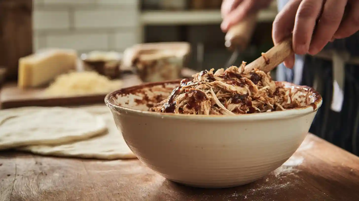 mix-bbq-chicken-filling-stromboli-step-4 Mixing shredded BBQ chicken and onions for stromboli filling—a family-friendly dinner idea packed with easy BBQ chicken flavor.