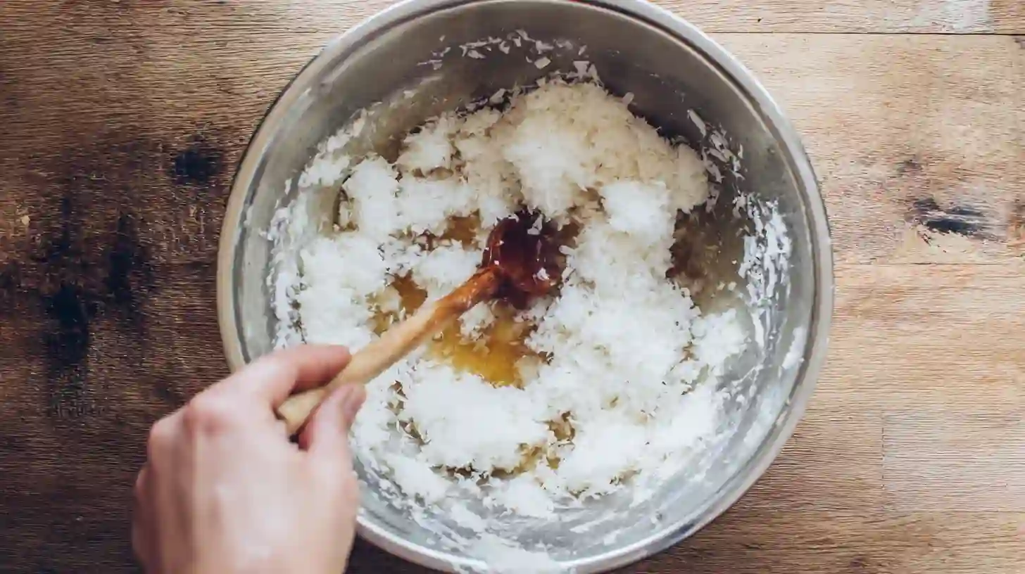mix-coconut-layer-chocolate-bars Stirring shredded coconut, coconut oil, and syrup in a bowl