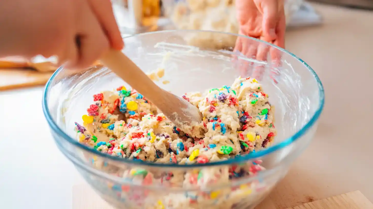 mix-cookie-base-fruity-pebbles-bars Mixing sugar cookie dough with Fruity Pebbles cereal