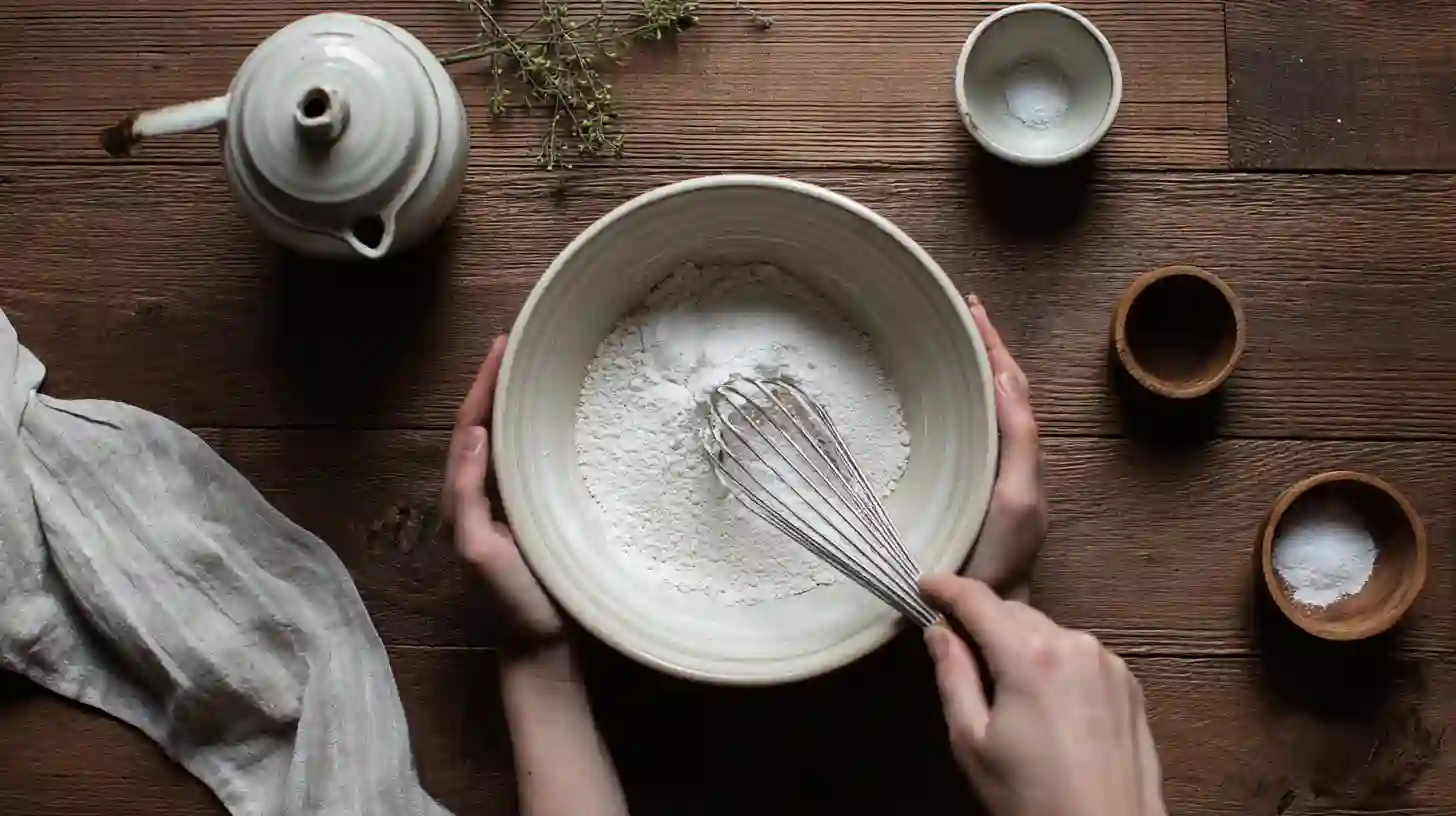 mix-dry-ingredients-lemon-cake Mixing flour, baking powder, baking soda, and salt for lemon cake