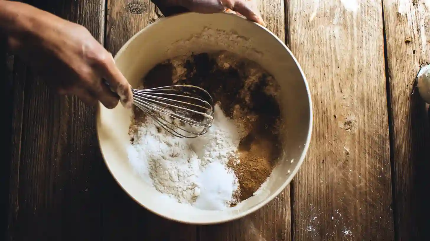 mix-dry-ingredients-sweet-alabama-pecanbread-Delight Whisking dry ingredients for Sweet Alabama Pecanbread Delight