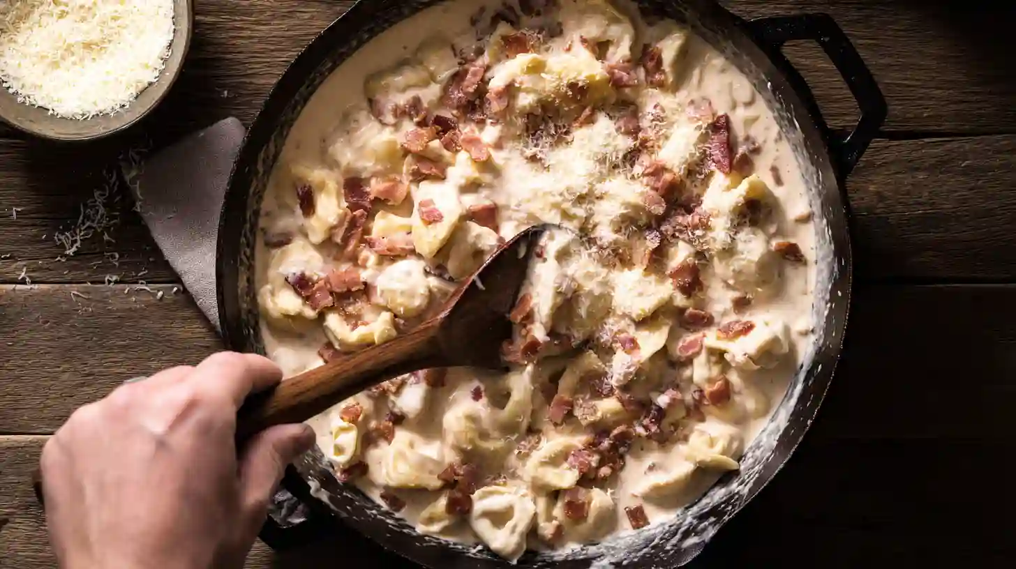 mix-tortellini-alfredo-bacon-pan Stirring tortellini, bacon, and parmesan into creamy alfredo sauce