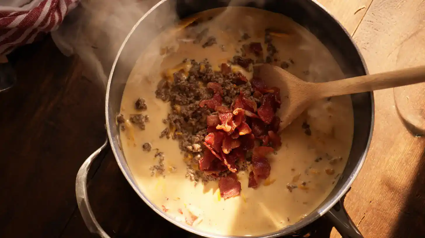 mixing-beef-bacon-queso-dip Folding beef and bacon into creamy queso dip
