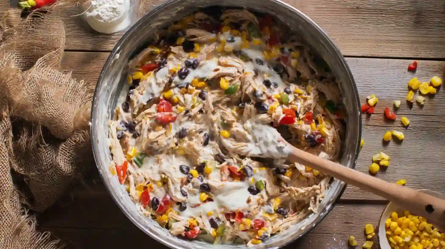 mixing-burrito-filling-chicken-ranch-bell-peppers Chicken, ranch, bell peppers, beans, and corn being mixed in a bowl