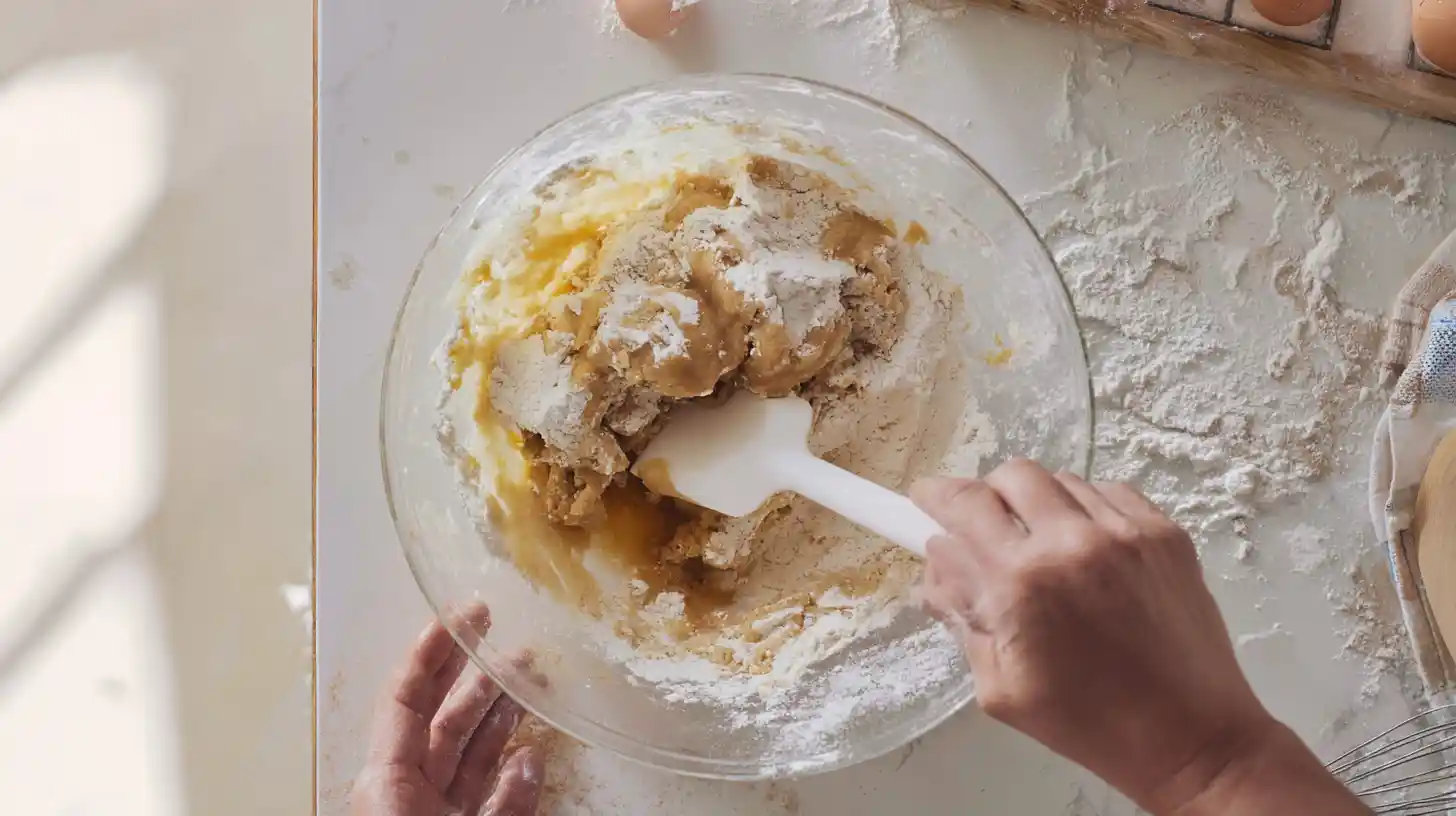 mixing-cookie-dough-butter-brown-sugar Mixing dry and wet ingredients to form cookie dough