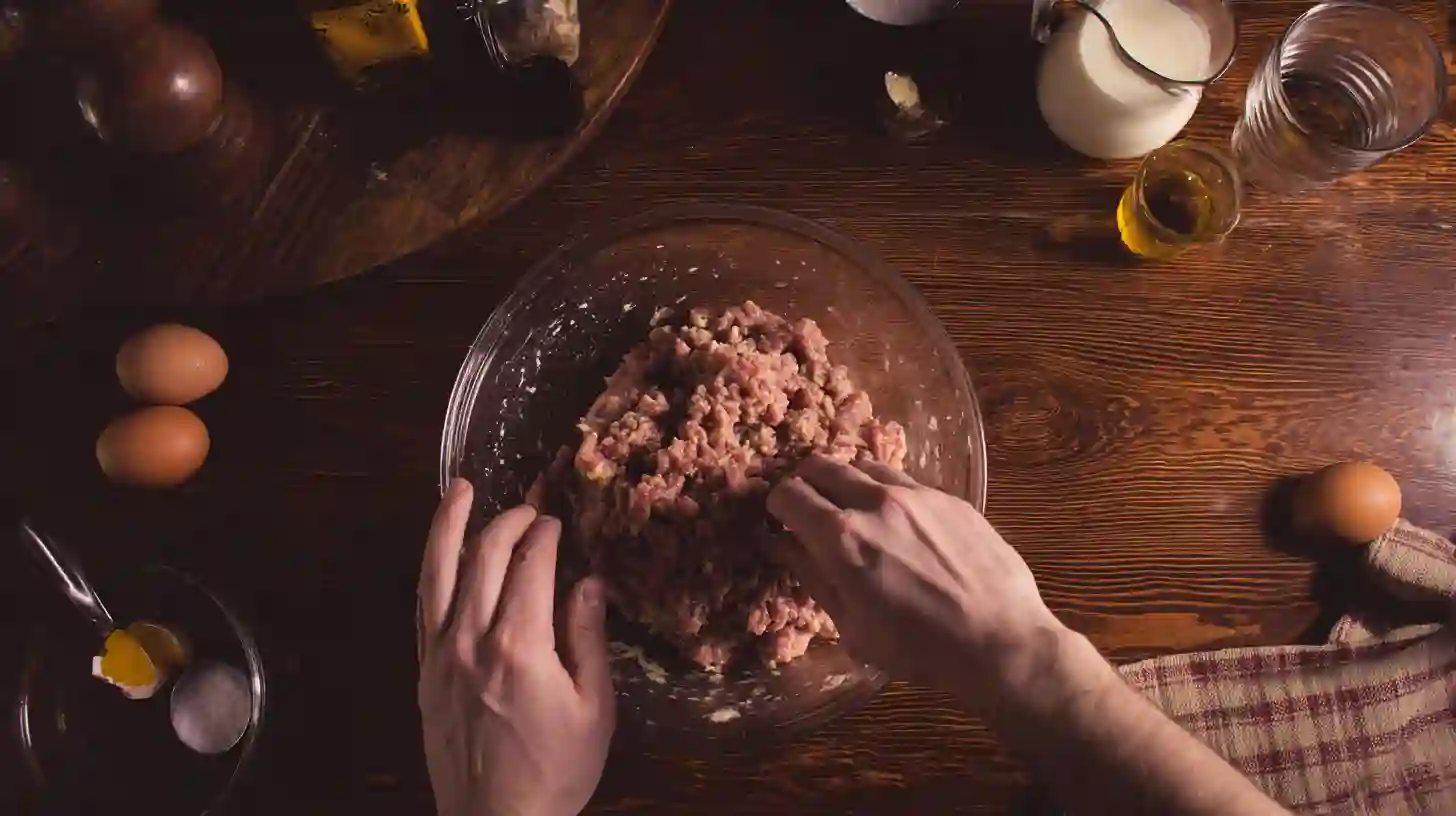 mixing-filling-cheesy-stuffed-meatloaf-bites-family-dinner Mixing ground beef filling for simple cheesy stuffed meatloaf bites – easy high-protein family recipe