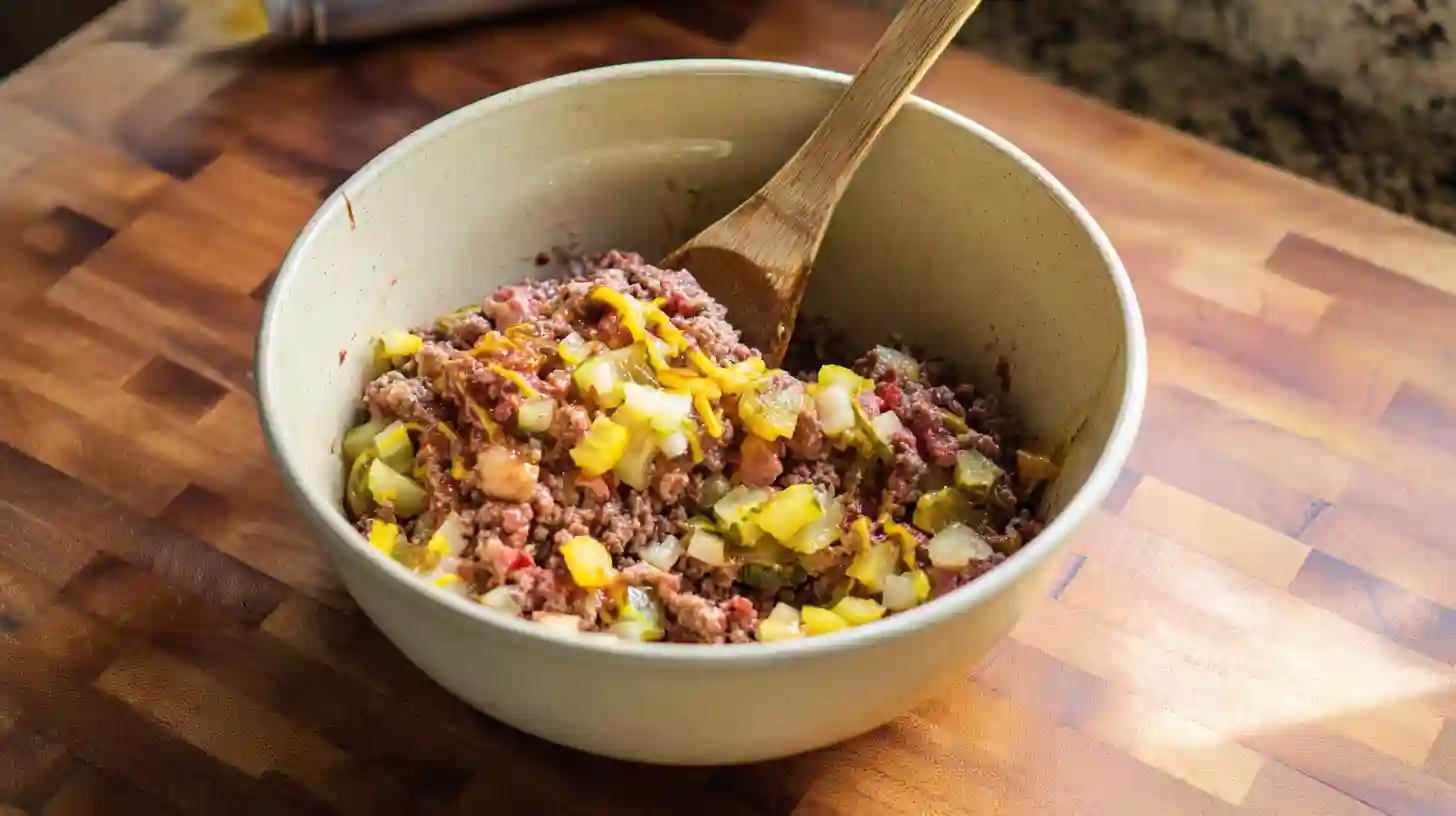 mixing-filling-dill-pickle-cheeseburger-mozzarella-bombs Mixing ground beef, cheese, and pickles for Dill Pickle Cheeseburger Mozzarella Bombs – high-protein comfort food for easy family meals