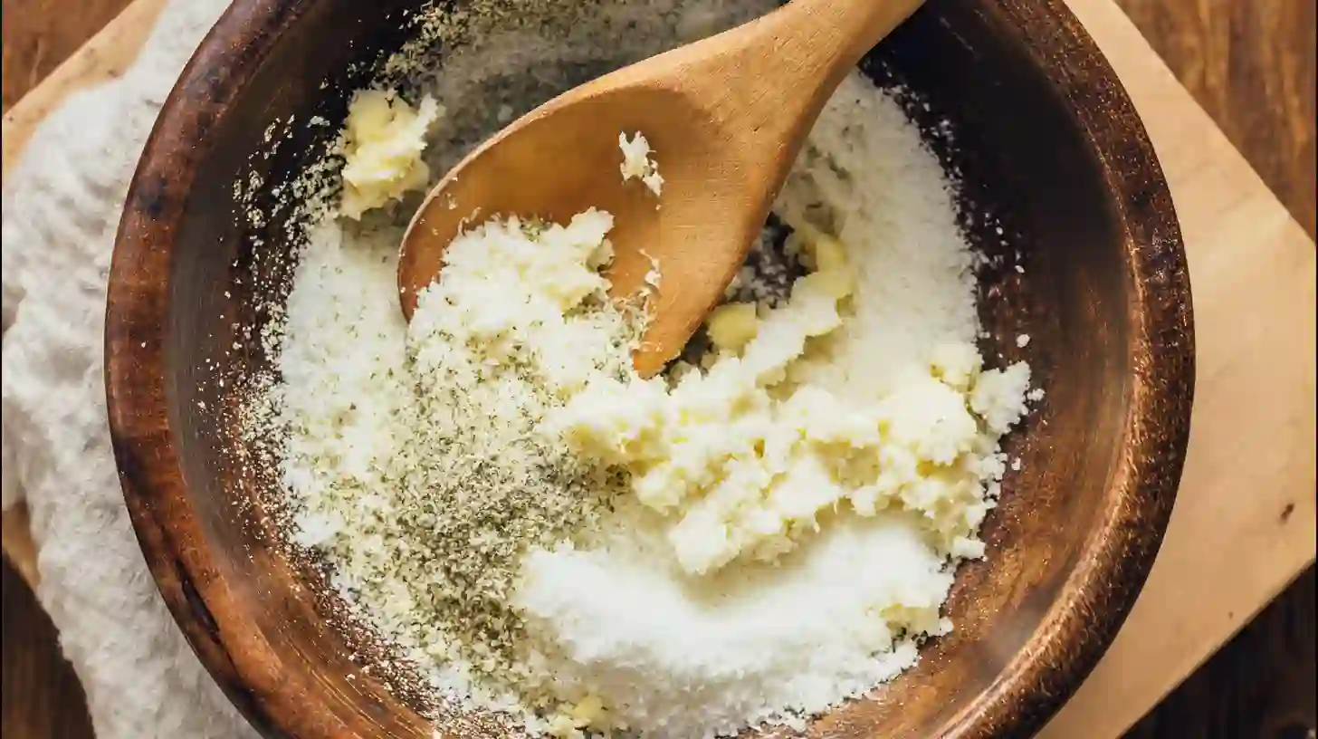 mixing-garlic-butter-parmesan-herbs Mixing garlic butter with parmesan and herbs in a bowl