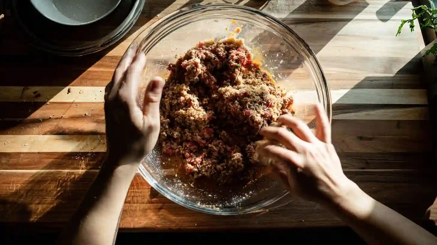 mixing-juicy-salisbury-steak-patties Mixing ingredients for Juicy Bobby Flay Salisbury Steak – a hearty recipe ideal for gluten-free comfort food recipes and budget-friendly dinners for large families