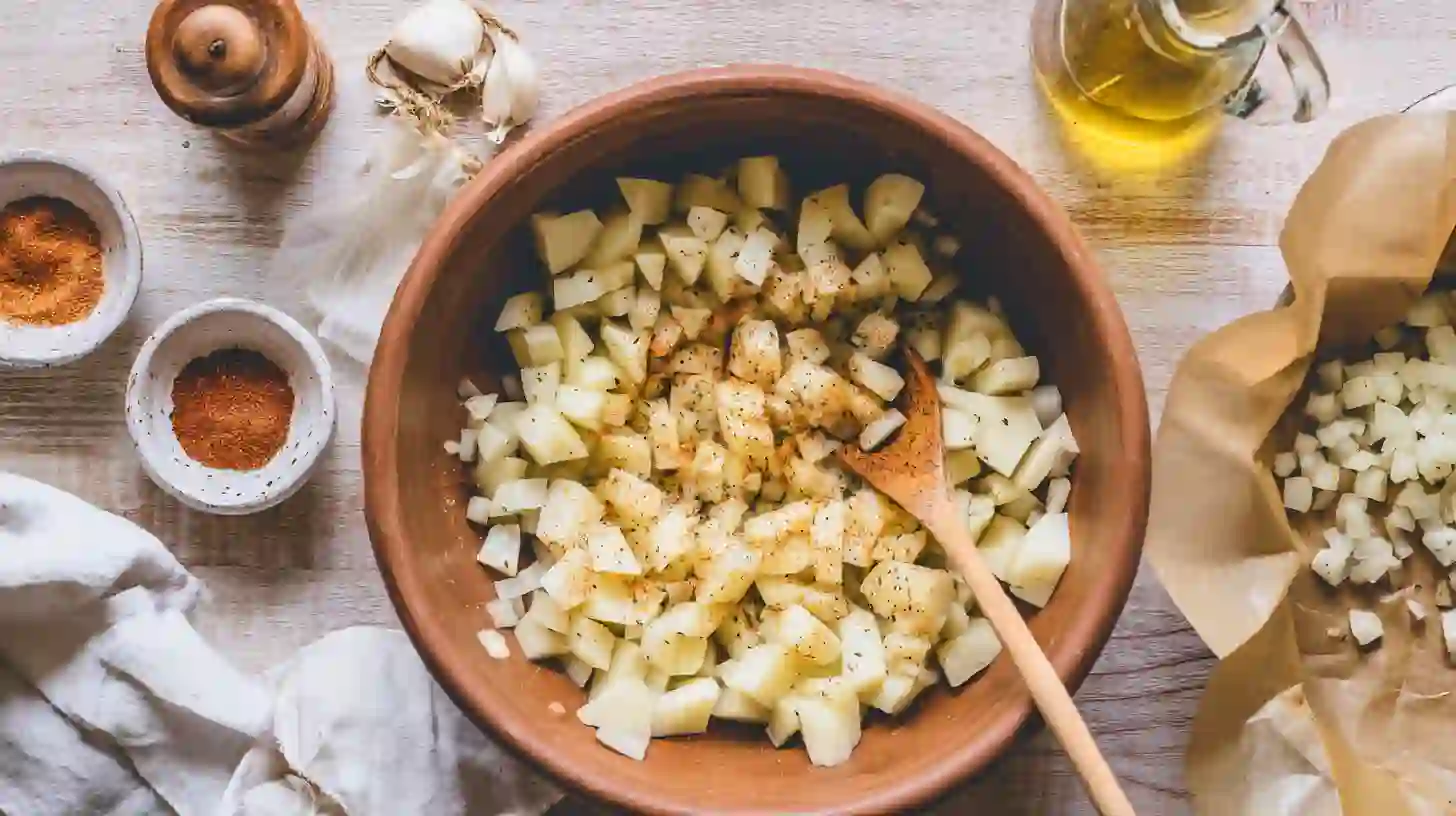 mixing-oven-fried-potatoes-onions-grandma-recipes Mixing Ingredients for Oven Fried Potatoes and Onions Grandma Recipes – Easy Oven-Baked Meals for Families