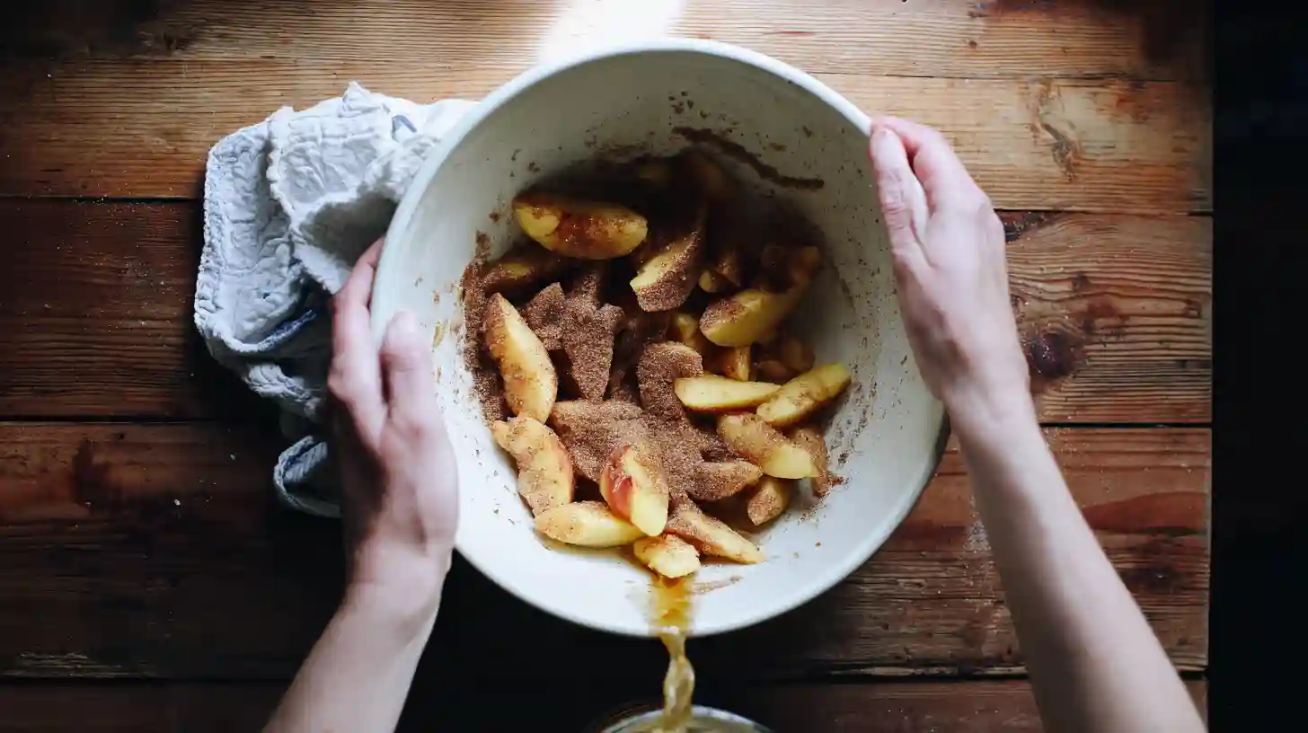 mixing-peach-filling-with-brown-butter Tossing peaches with sugar, spices, and brown butter in a large bowl