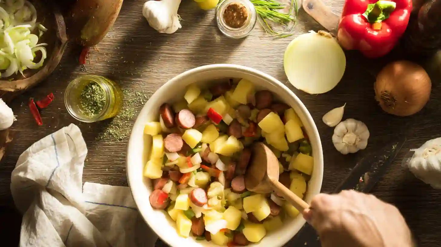 mixing-potatoes-sausage-veggies-seasoned Mixing potatoes, sausage, and veggies with seasoning in a bowl