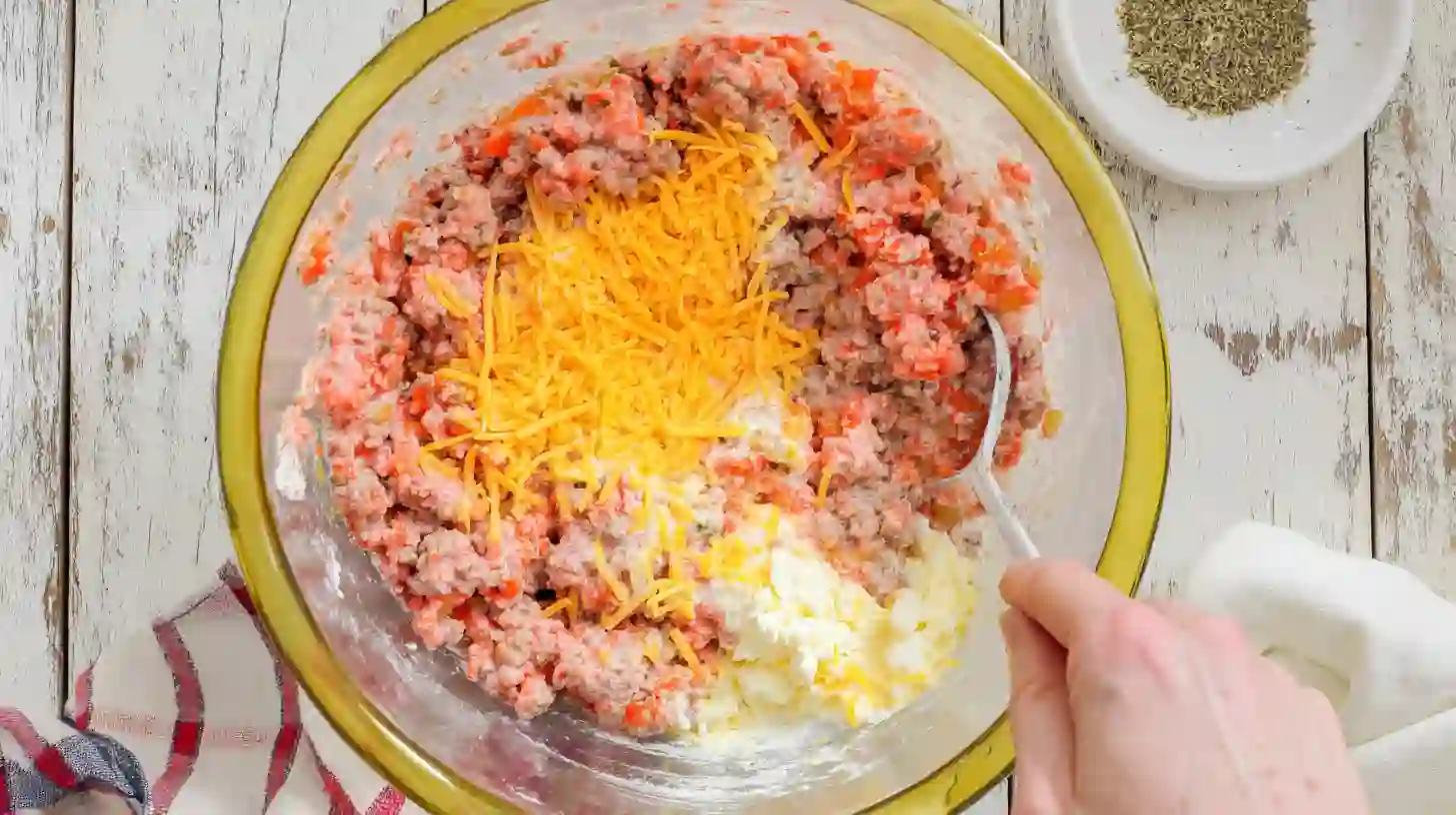 mixing-rotel-Spiced-sausage-and-cream-cheese-bites Mixing sausage, cream cheese, Rotel, cheddar, and baking mix in a bowl