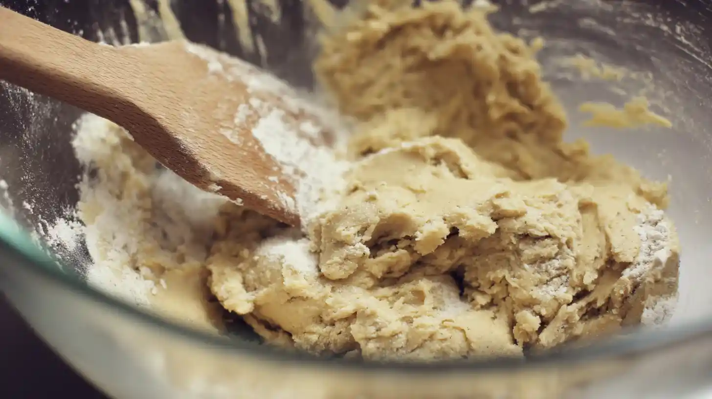 mixing-wet-dry-cookie-dough. Mixing dry and wet ingredients together for cookie dough