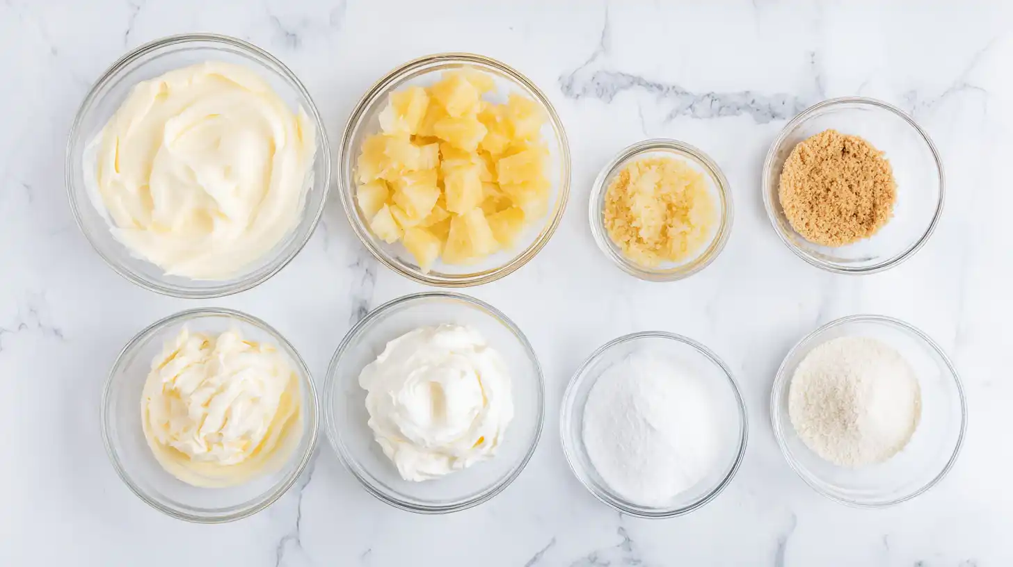 no-bake-pineapple-heaven-cheesecake-Dessert-Ingredients Ingredients for No-Bake Pineapple Heaven Cheesecake Dessert laid out in bowls