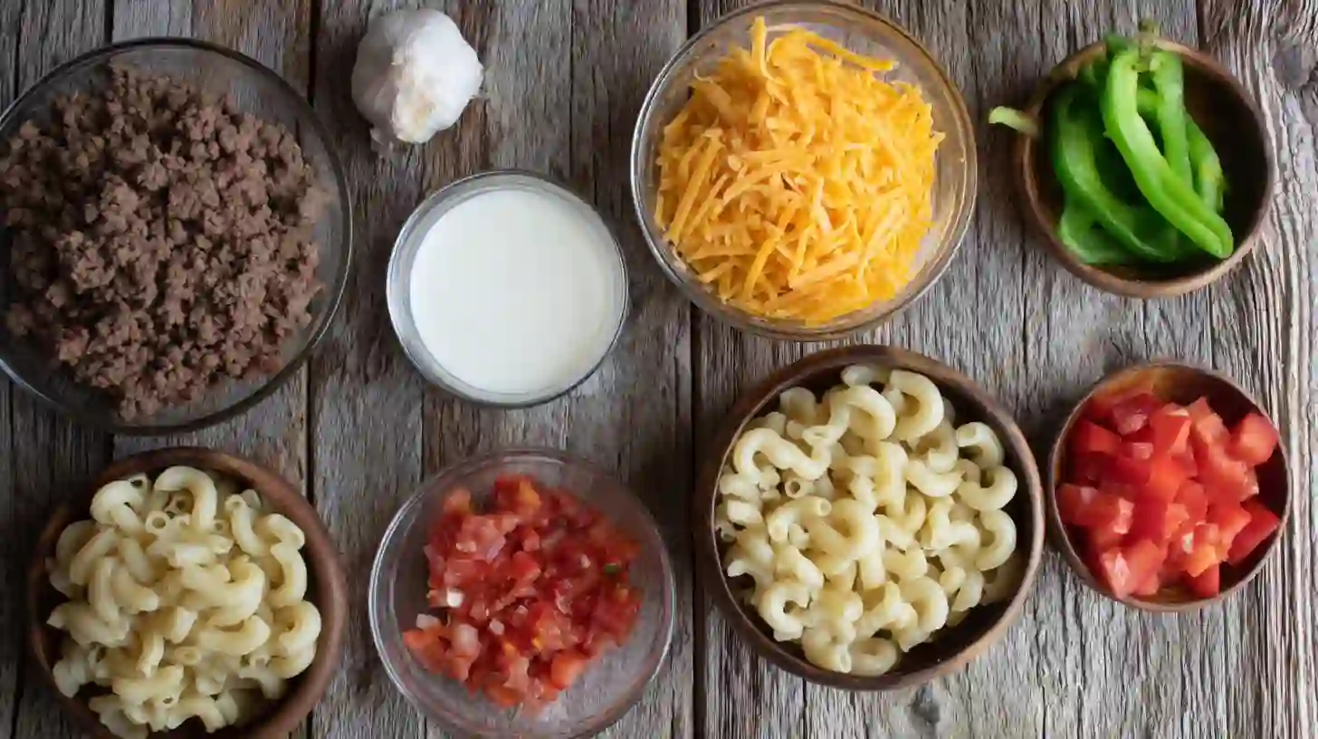 one-pot-cajun-beef-and-cheddar-pasta-ingredients Ingredients for One Pot Cajun Beef and Cheddar Pasta