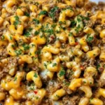 served One Pot Cajun Beef and Cheddar Pasta in a black pot