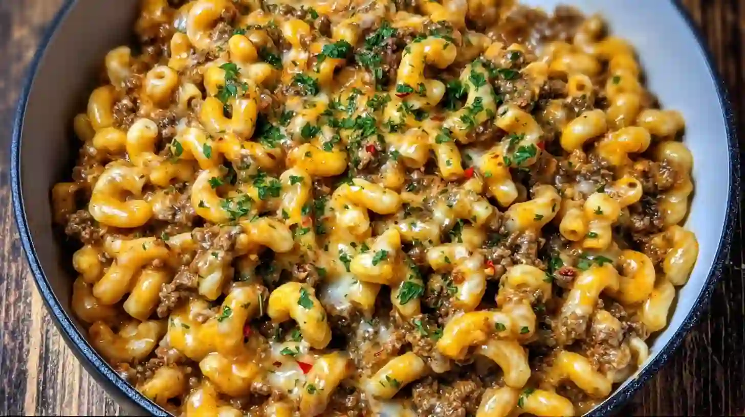 one-pot-cajun-beef-cheddar-pasta-served served One Pot Cajun Beef and Cheddar Pasta in a black pot