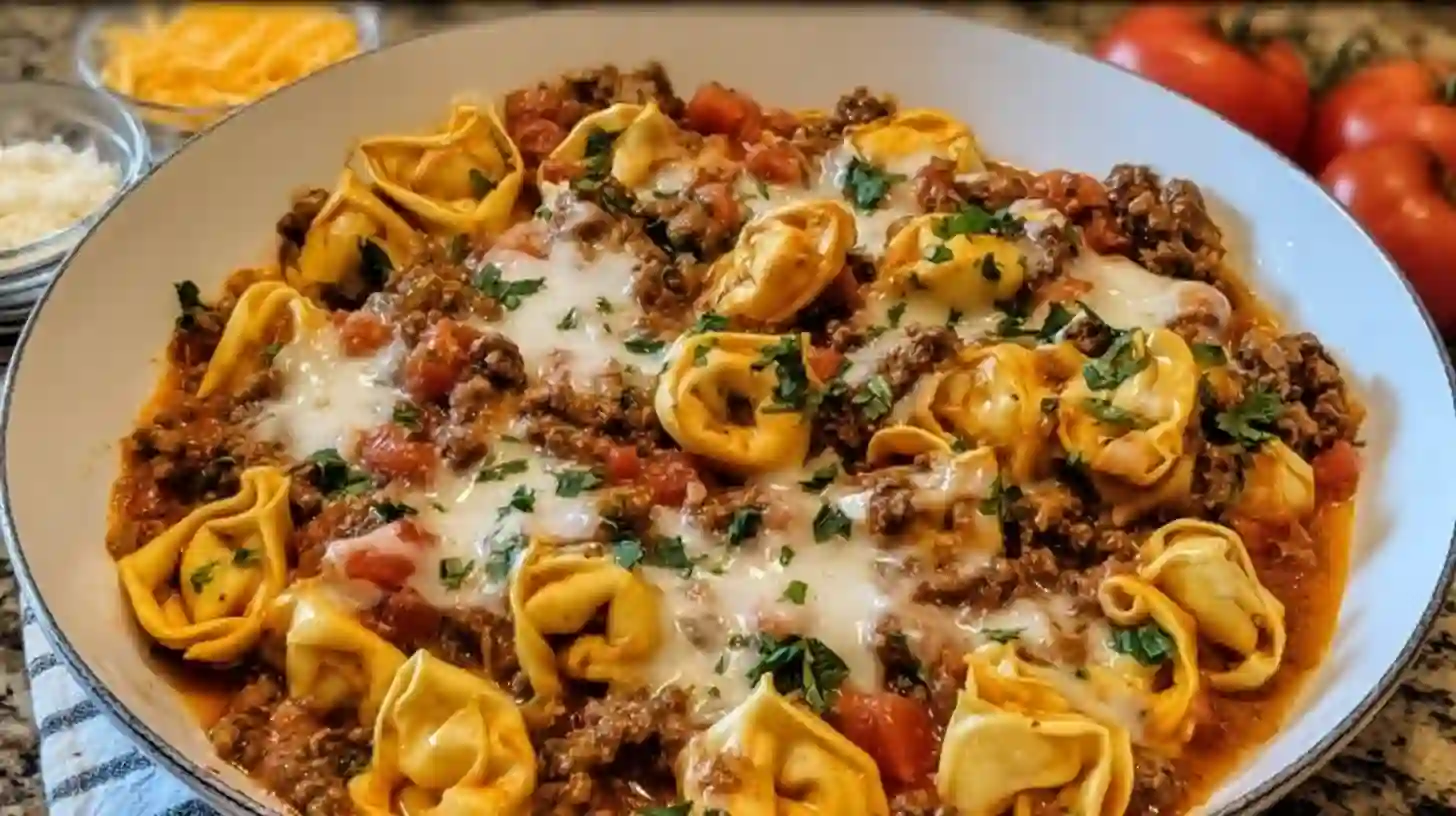 One-Pot Cheesy Enchilada Tortellini with Beef | Easy Skillet Dinner