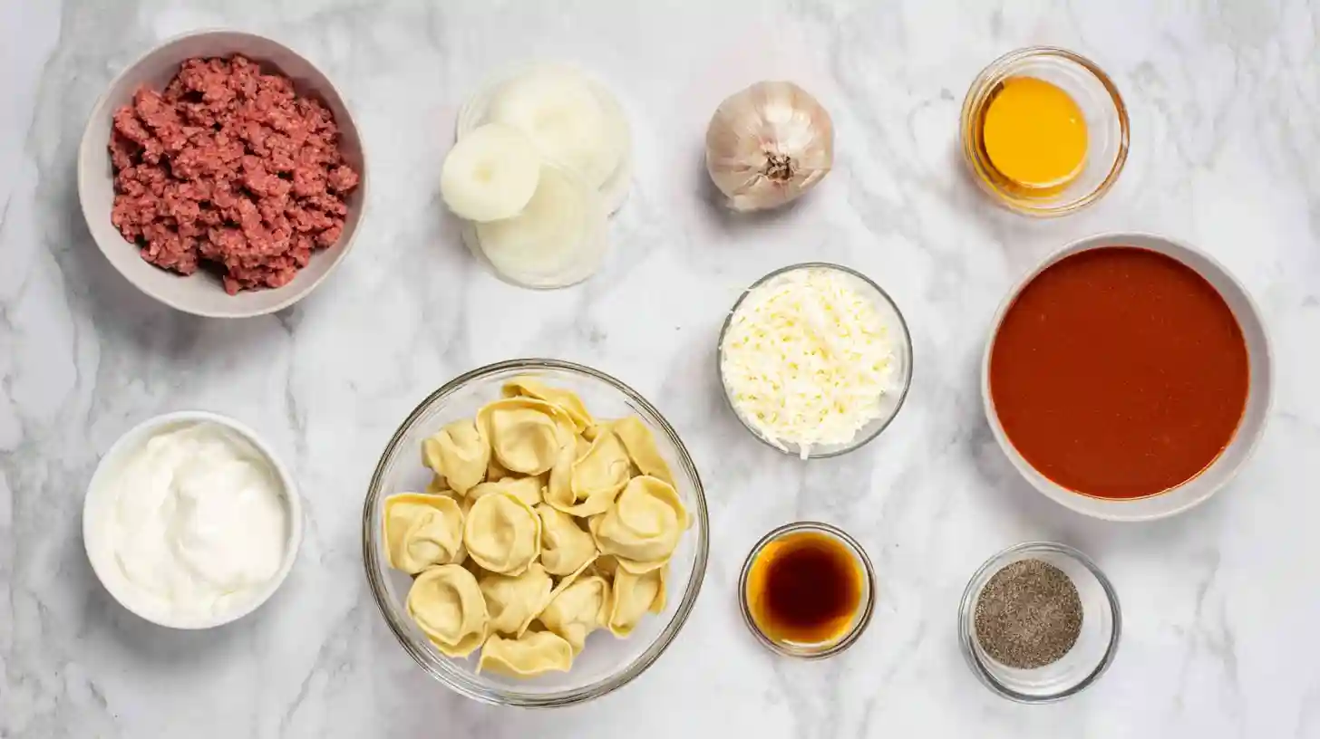 one-pot-cheesy-enchilada-tortellini-with-Beef-ingredients Ingredients for one-pot cheesy enchilada tortellini with beef.budget-friendly meals.