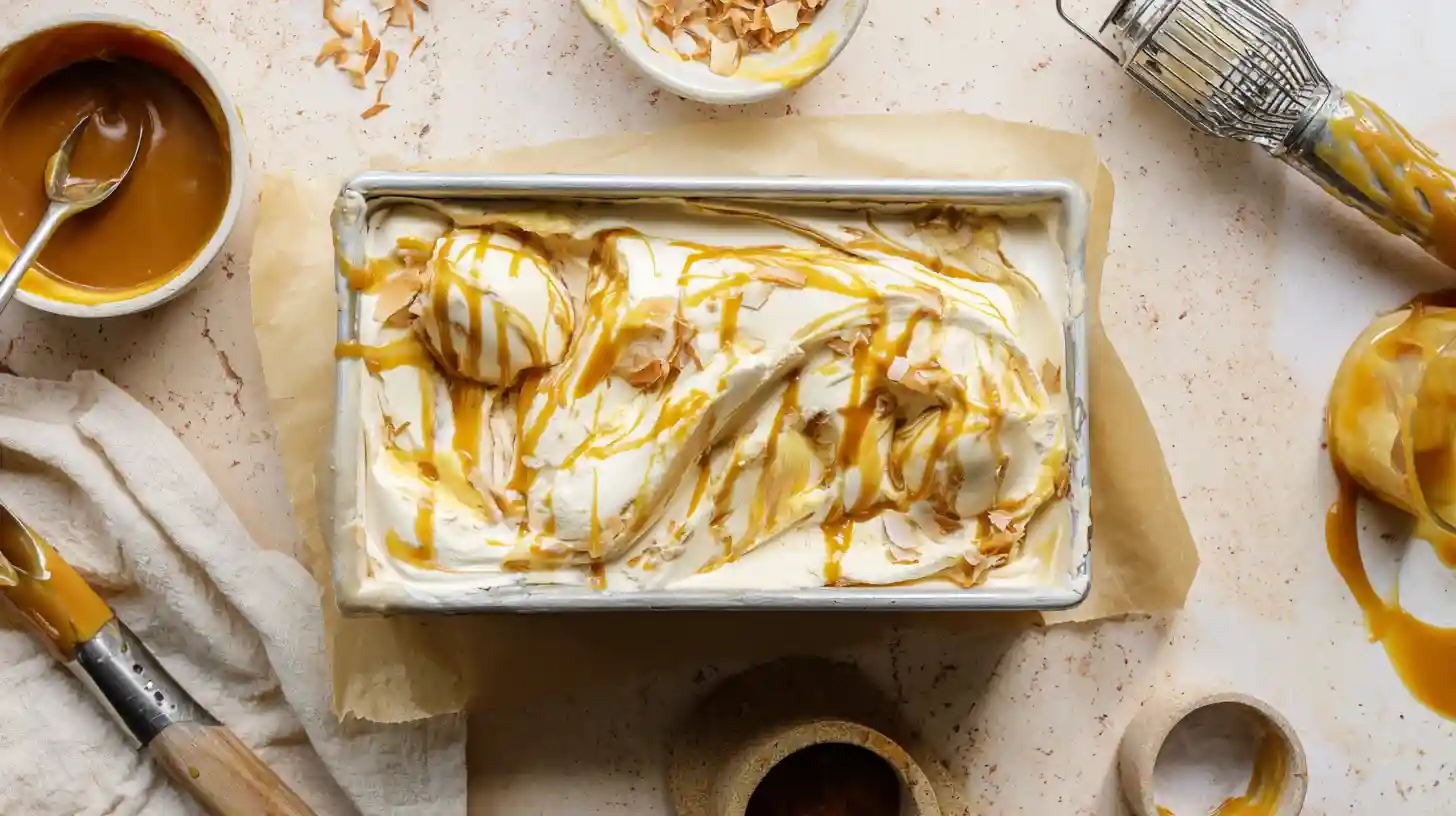 painkiller-ice-cream-loaf-caramel-swirl no-churn painkiller ice cream topped with caramel, pineapple, and coconut – luxury summer dessert idea
