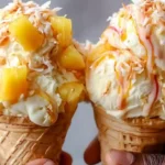 servid painkiller ice cream recipe with pineapple, caramel swirl, and toasted coconut in waffle cones.homemade ice cream without machine stress.