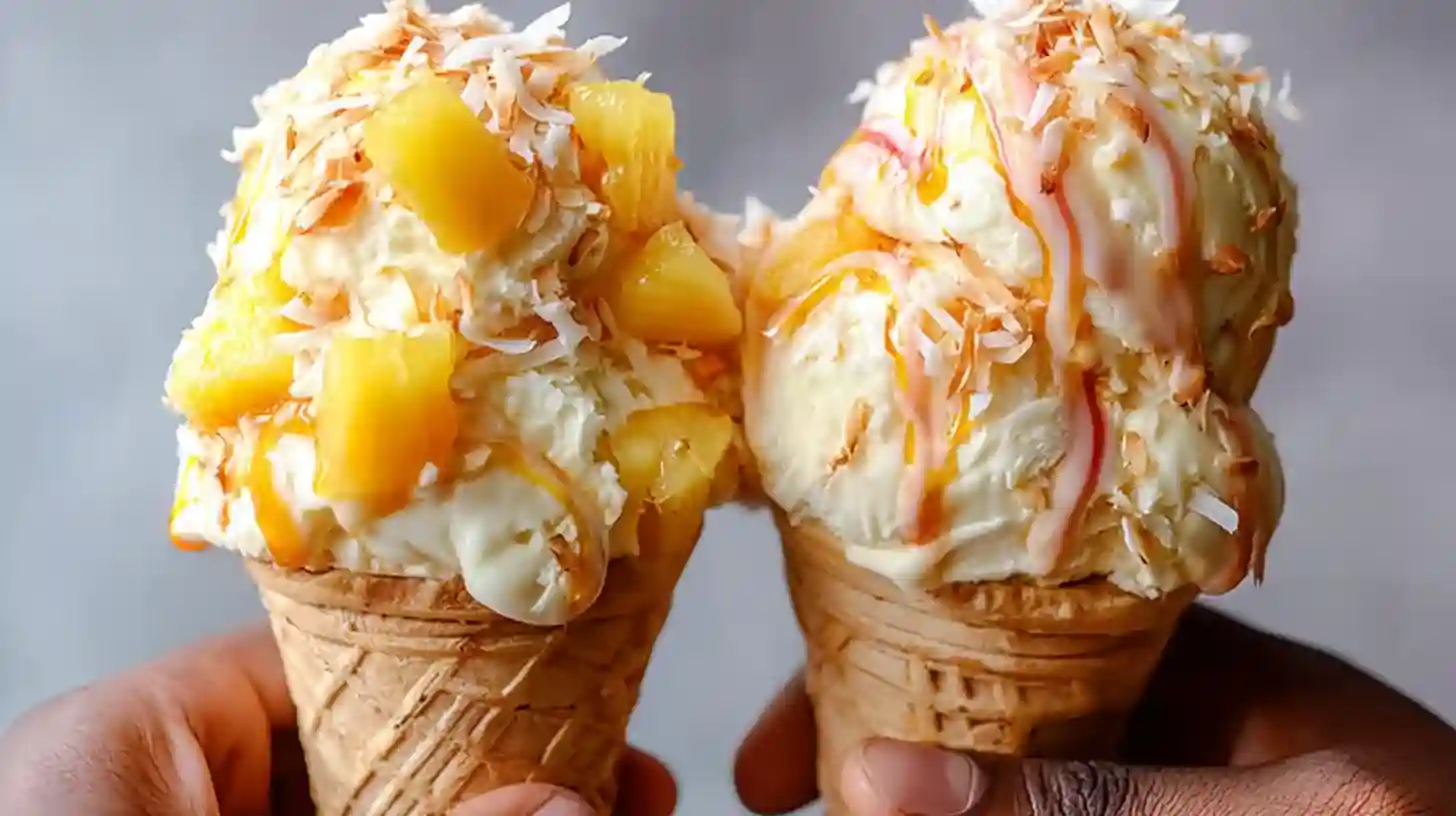 painkiller-ice-cream-recipe-servid servid painkiller ice cream recipe with pineapple, caramel swirl, and toasted coconut in waffle cones.homemade ice cream without machine stress.