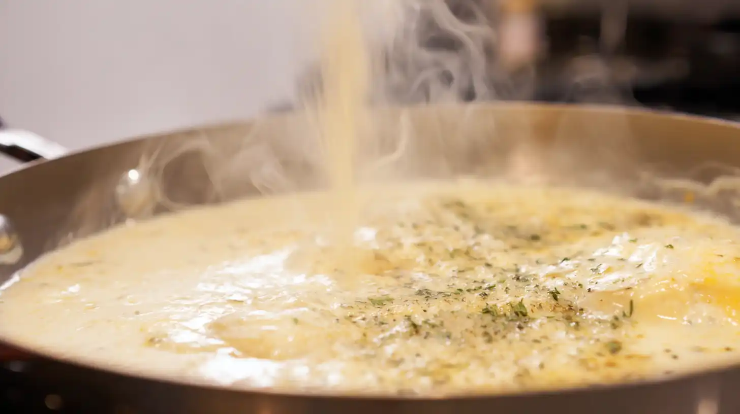 parmesan-lemon-herb-cream-sauce Cream sauce with Parmesan, lemon, basil, and thyme being stirred in skillet.nonstick skillet for creamy pasta