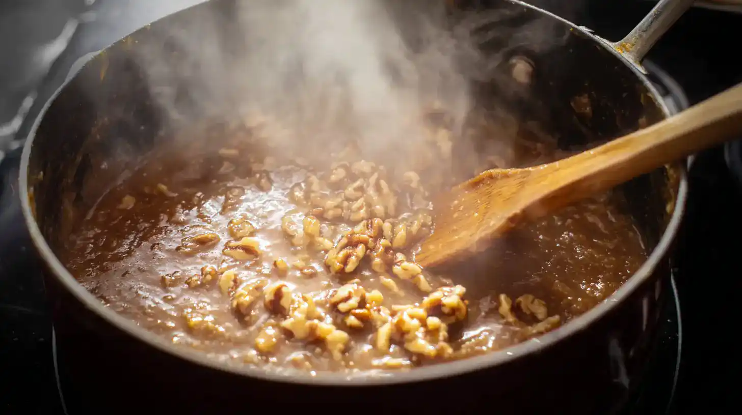 pecan-caramel-topping Brown sugar and pecans bubbling in saucepan for topping