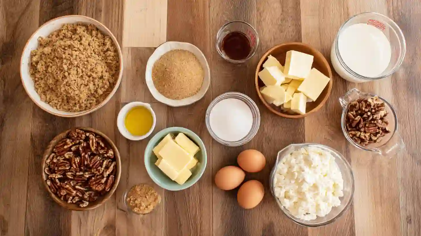 pecan-pie-cheesecake-ingredients Pecan pie cheesecake ingredients laid out on wooden counter
