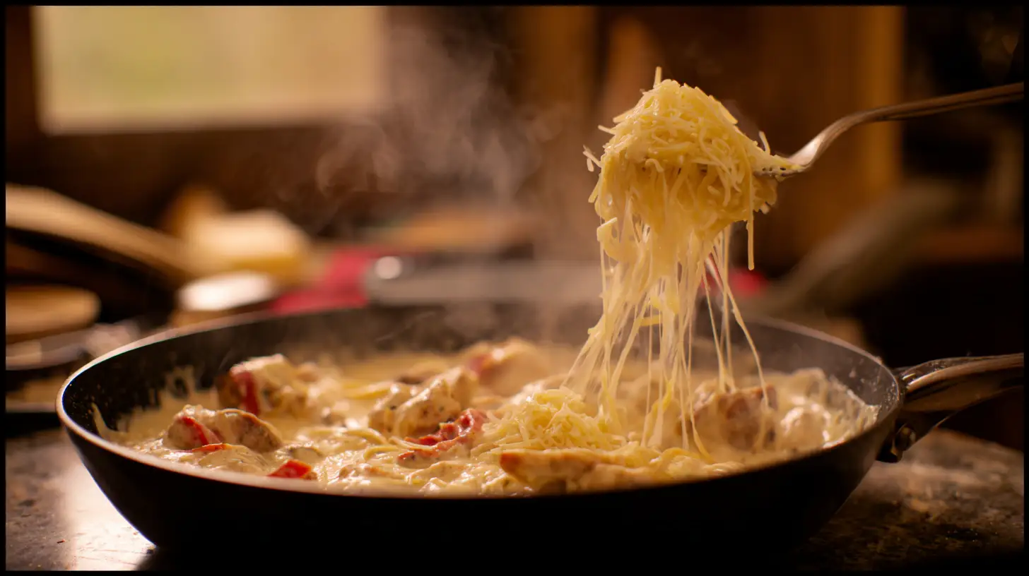 pepper-jack-parmesan-melting-into-pasta Tossing pasta with melted Pepper Jack and Parmesan cheese in skillet