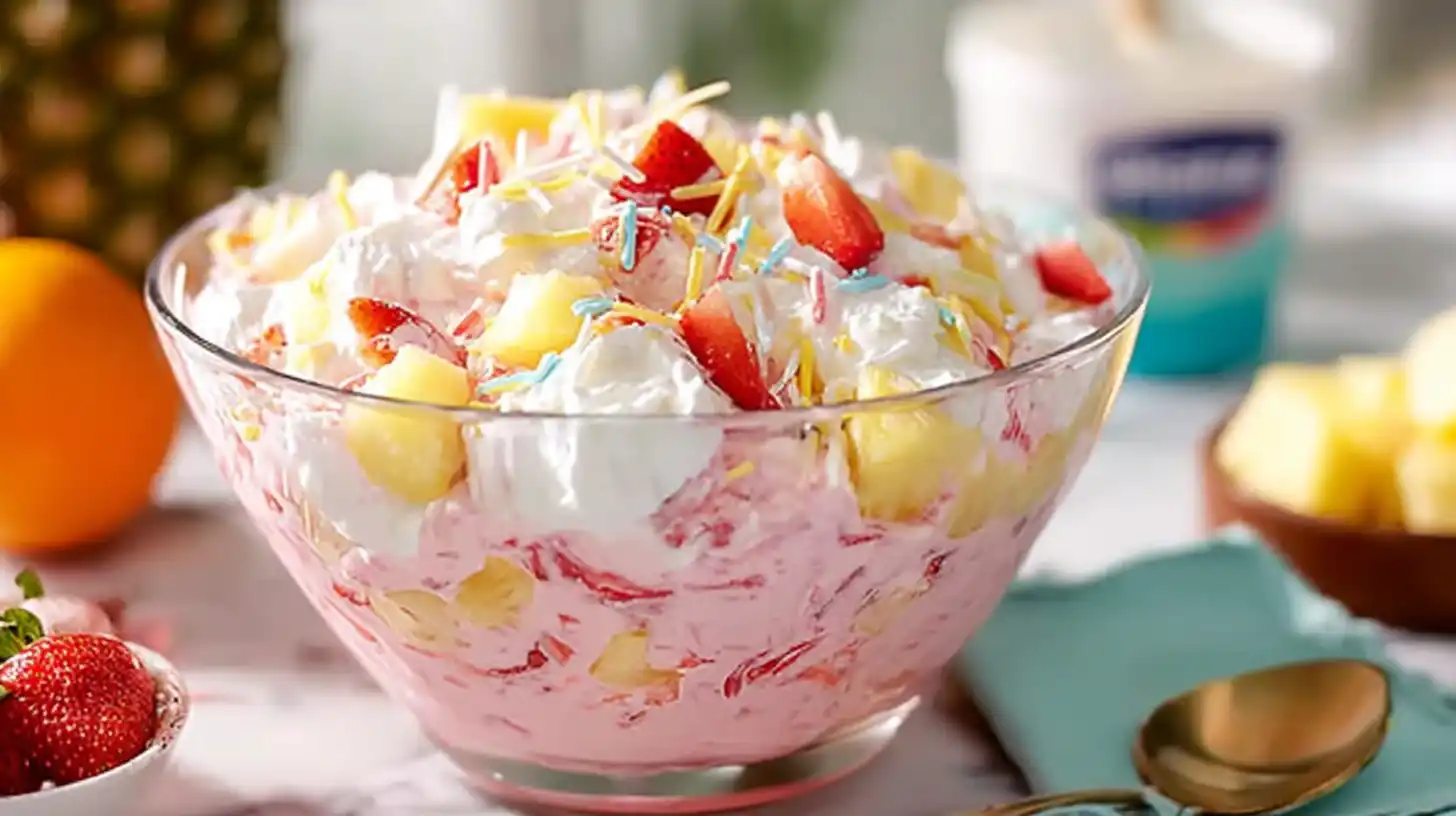 pink-lemonade-fluff-salad-Recipe-Serving individual cup of pink lemonade fluff salad topped with coconut and strawberry.kid-friendly party dessert recipes