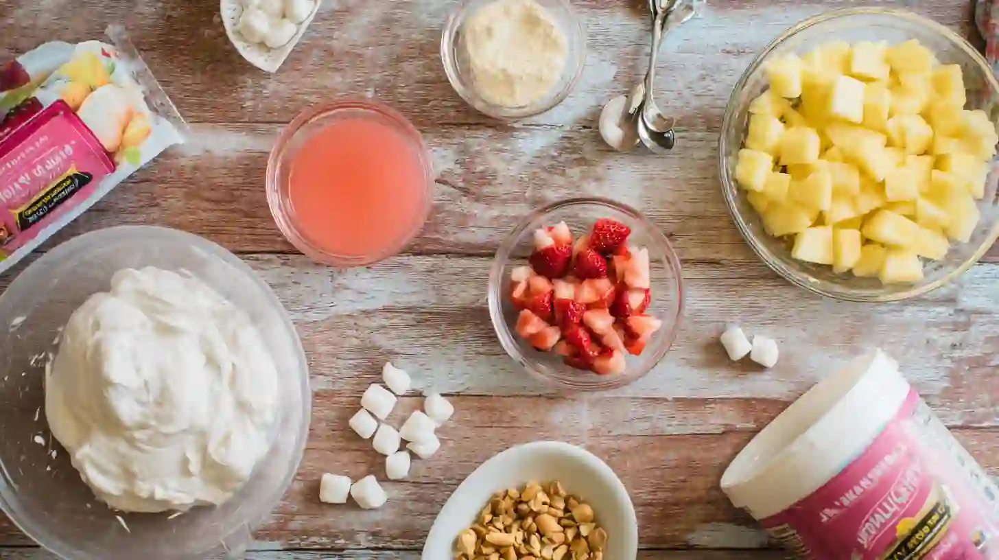 pink-lemonade-fluff-salad-Recipe-ingredients pink lemonade fluff salad ingredients including Cool Whip, fruit, lemon pudding.kid-friendly party dessert recipes
