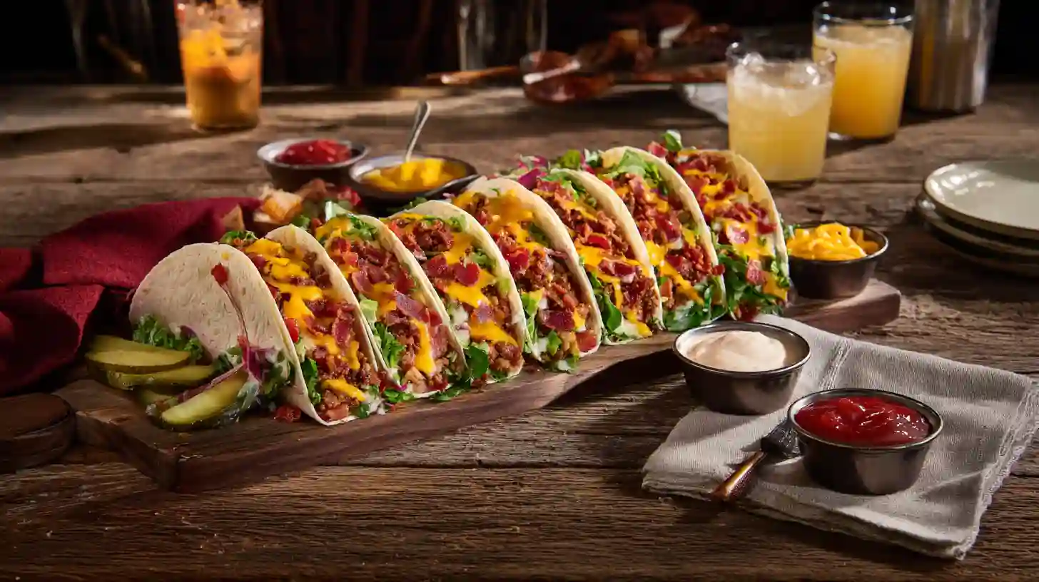 plated-bacon-cheeseburger-tacos-family-dinner Plated easy loaded bacon cheeseburger tacos – high-protein family dinner with toppings and sauce