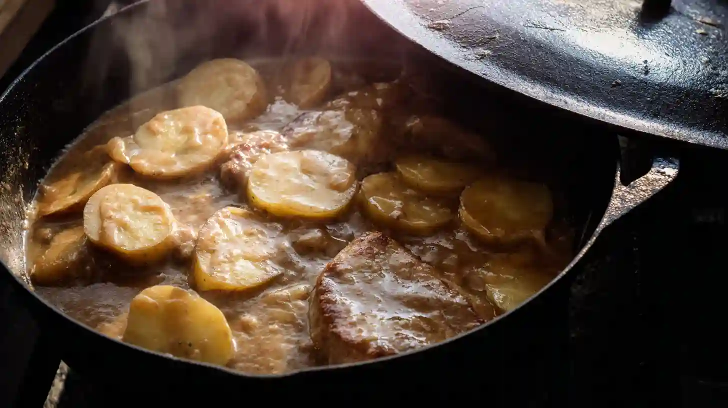 pork-chops-potatoes-simmering-gravy pork chops and potatoes simmering in skillet with gravy