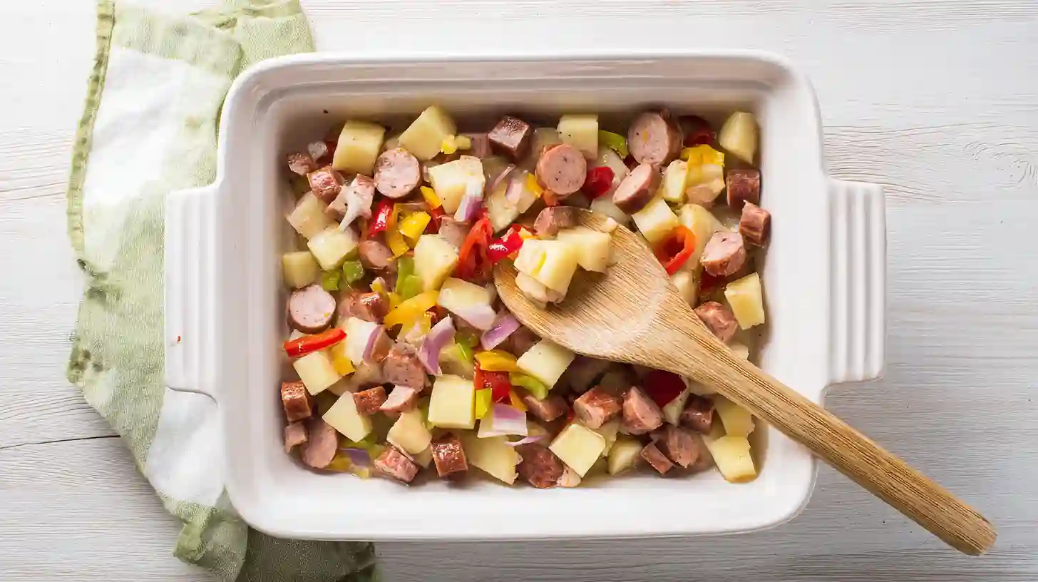 potato-sausage-bake-layered-dish Potato and sausage mixture spread evenly in baking dish