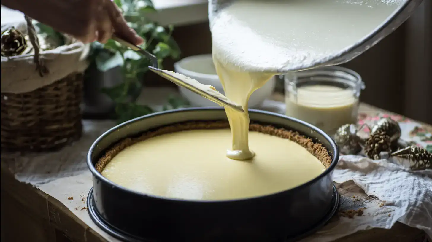pour-bake-cheesecake-layer Pouring cheesecake batter into crust before baking
