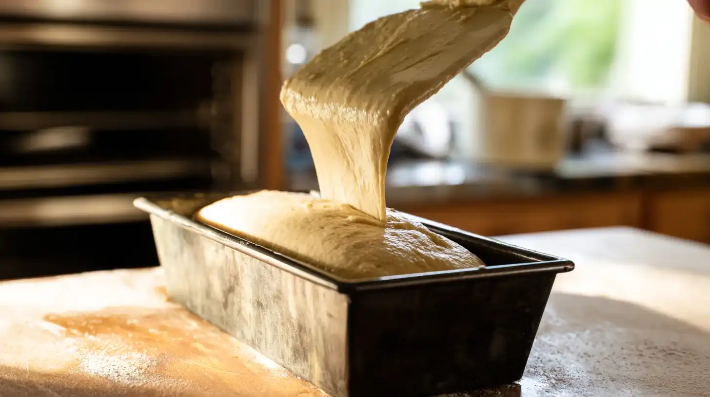 pour-bake-dill-pickle-bread Pouring dill pickle bread batter into a loaf pan to bake