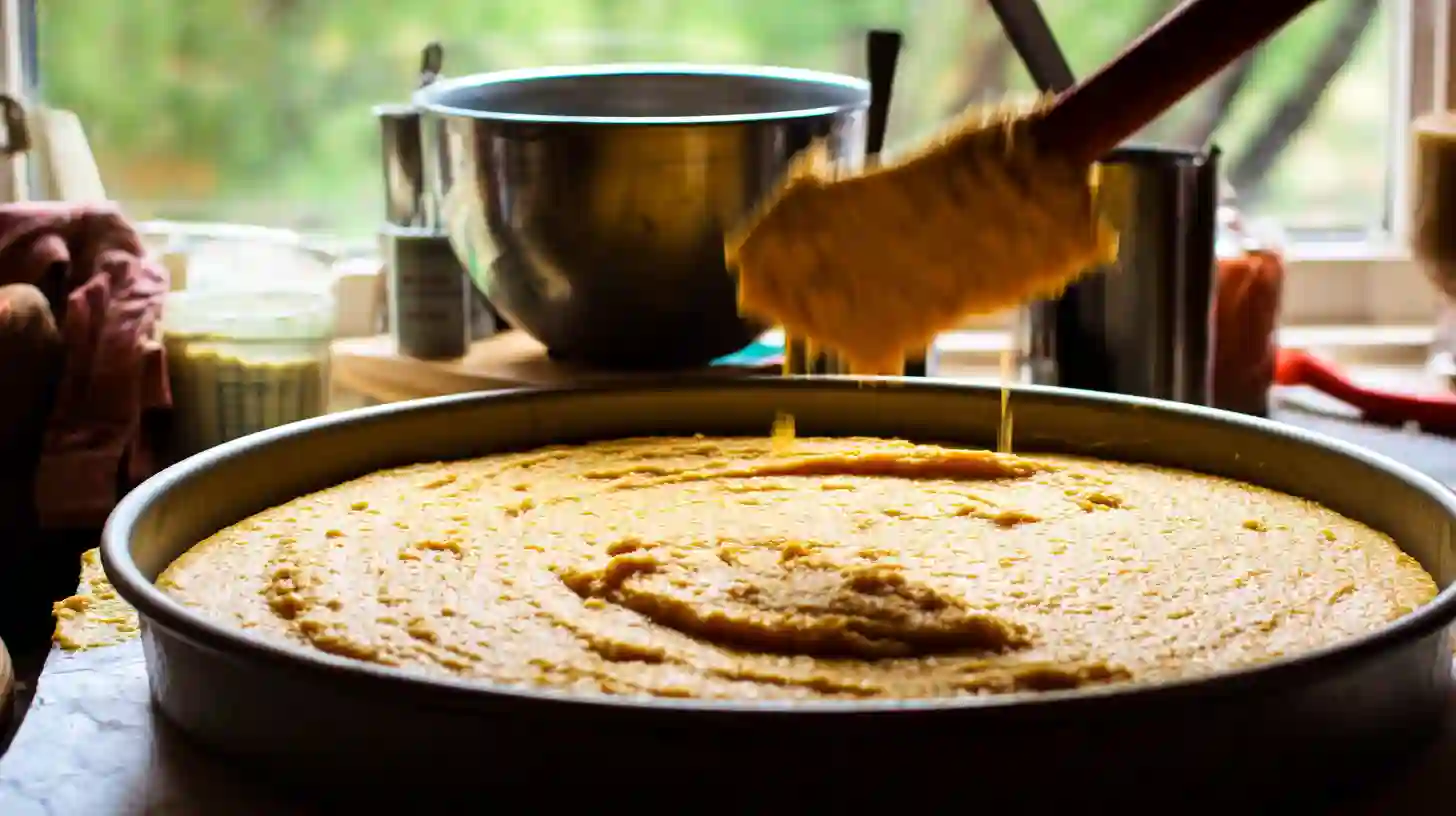 pouring-batter-flourless-sweet-potato-cake Pouring thick batter for flourless sweet potato ginger cake, perfect for healthy baking for kids