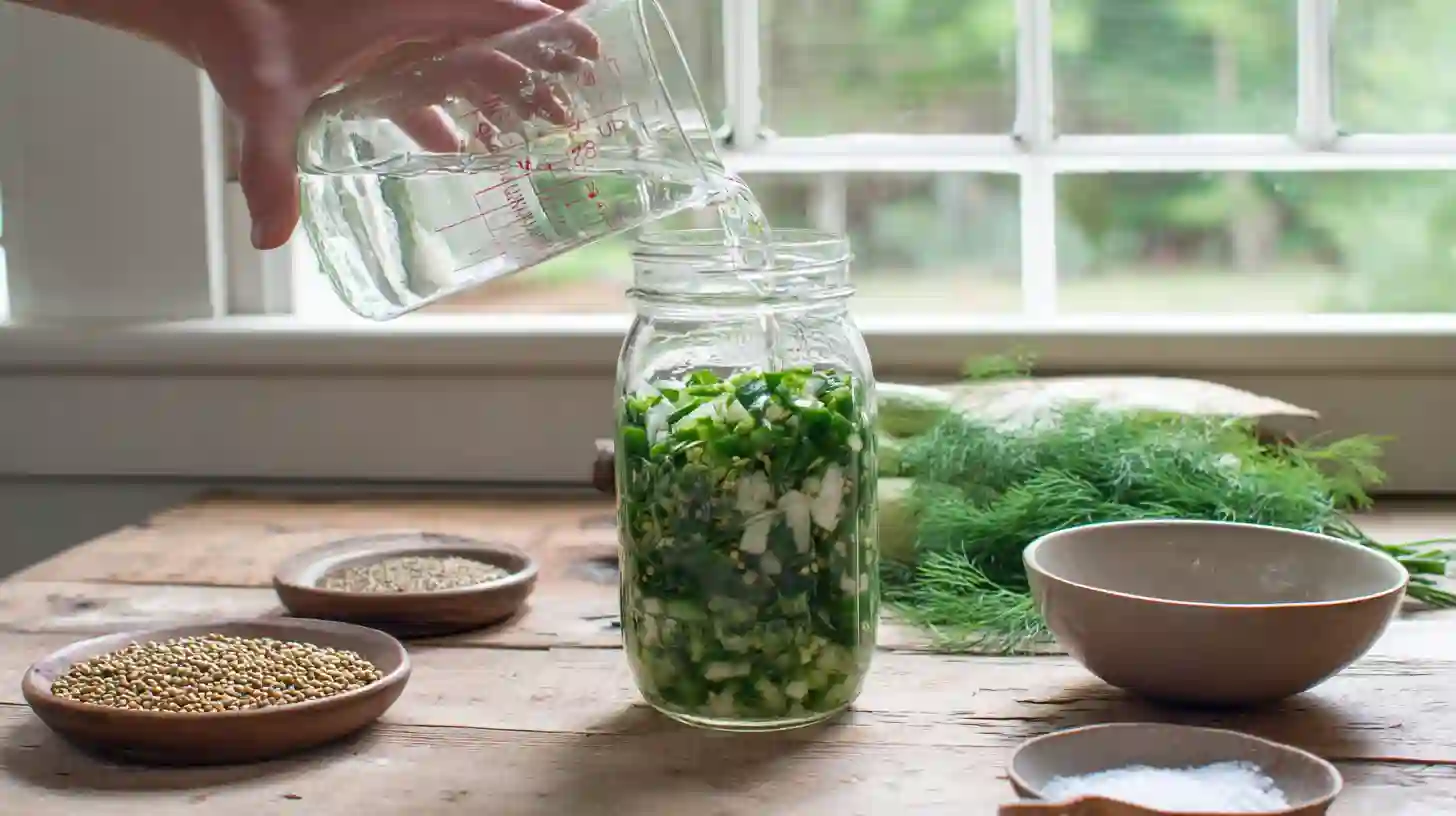 pouring-brine-fermented-dill-pickle-hot-sauce Pouring saltwater brine into jar of chopped jalapeños and garlic for gut-healthy fermented hot sauce recipe